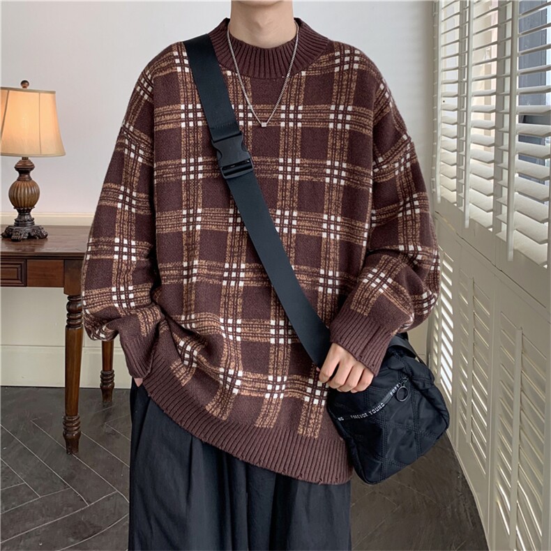 现货现货宽松圆领毛衣男秋冬格子百搭针织衫D329-QM801-P78控98,男装针织衫/毛衣,电商D329