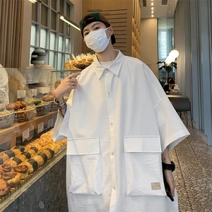港风短袖衬衫男夏季潮牌痞帅气白色五分半袖上衣工装衬衣图片