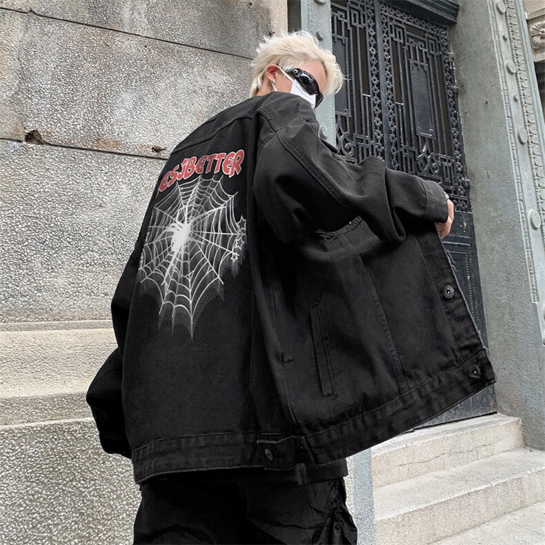 男装牛仔外套2026秋蜘蛛网字母印花男生翻领夹克XZ514-2-N101-P88,男装工装外套,星座514-2(原B239)