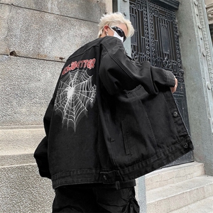 男装牛仔外套2026秋蜘蛛网字母印花男生翻领夹克XZ514-2-N101-P88图片