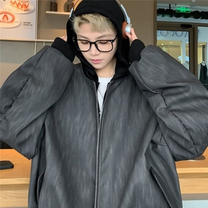 JK8539-P77 2025新款重磅设计假两件连帽皮衣外套男美式复古工装图片