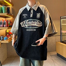 C511P42街头设计Polo领短袖T恤男美式复古撞色条纹嘻哈情侣上衣，男装T恤，星座512-6