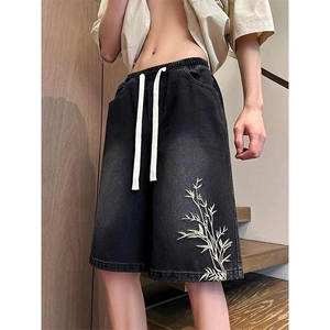 美式复古刺绣牛仔短裤男夏季宽松潮中式潮牌五分裤N306-P35图片