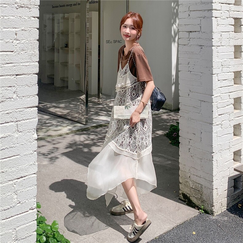 蕾丝吊带连衣裙叠穿T恤裙套装女夏季休闲减龄气质两件套图片