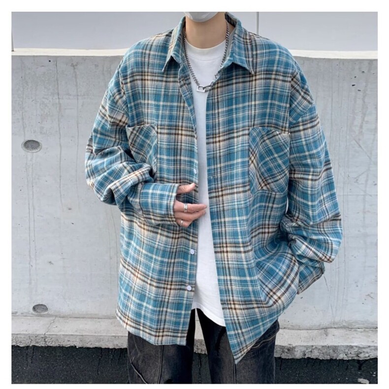 202-P362025新款秋季格子长袖衬衫翻领复古宽松情侣休闲衬衣,男装衬衫,电商B323A