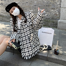 黑白格纹小香风外套女2024秋季新款高级感复古韩系休闲流苏上衣潮，女装短外套，2C037
