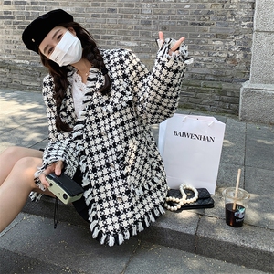 黑白格纹小香风外套女2024秋季新款高级感复古韩系休闲流苏上衣潮图片