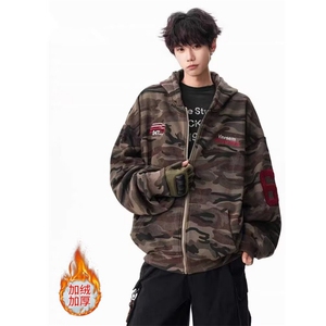 加厚加厚冬款男女连帽开衫迷彩卫衣刺绣保暖宽松夹克外套WY96 P65图片