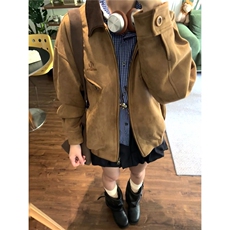 棕色麂皮绒撞色翻领夹克外套女短款春秋美式复古酷飒风宽松机车服，男装夹克，星座506A