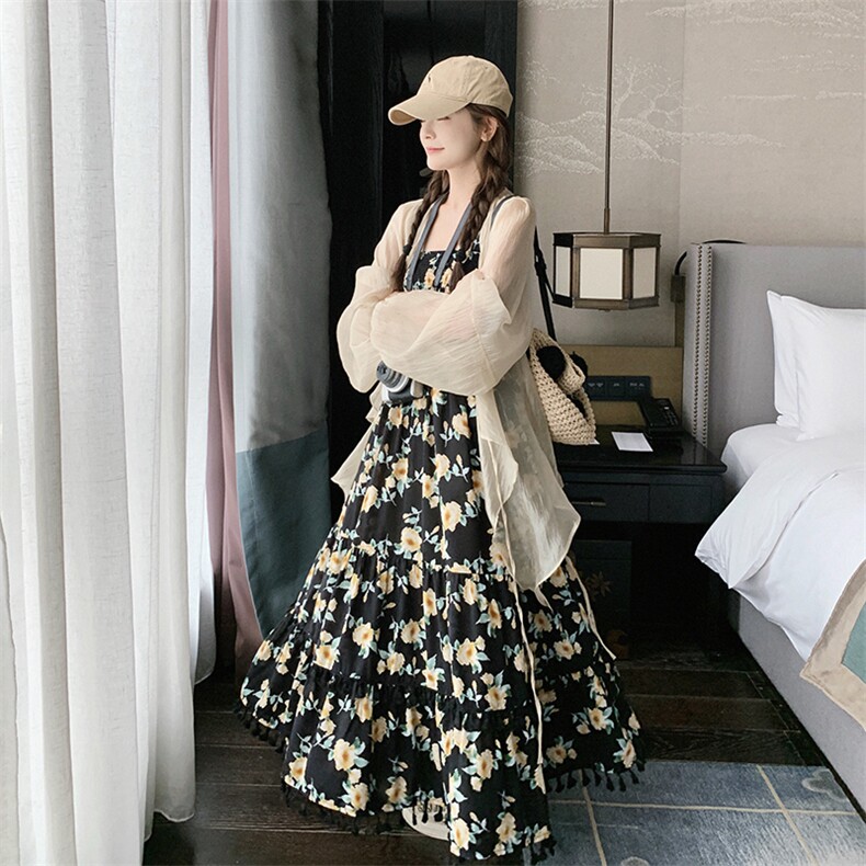 黑色碎花连衣裙女2025夏季新款小个子设计感开衫吊带裙,女装连衣裙,2C305