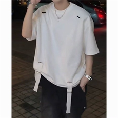 高级感宽松短袖男女款夏季圆领绑带重磅垫肩T恤工装机能半袖上衣，男装T恤，星座506A