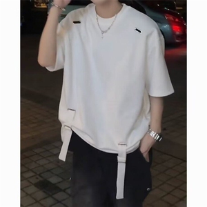 高级感宽松短袖男女款夏季圆领绑带重磅垫肩T恤工装机能半袖上衣图片