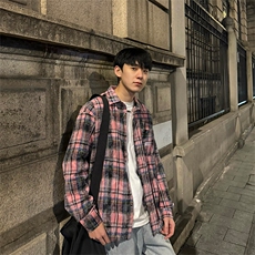 扎染格子衬衫男女宽松潮牌痞帅格纹春秋情侣外套CS002-批55控68，男装衬衫，星座218-5