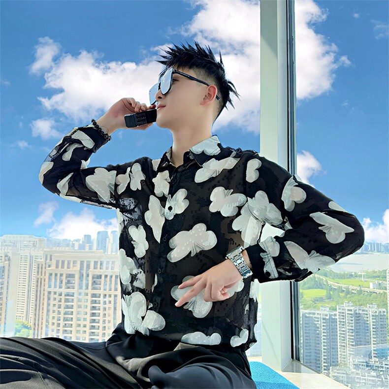 ACS107/P58控88秋季社会小伙松弛舒适冰丝撞色设计感长袖衬衫男图,男装衬衫,星座305B-1