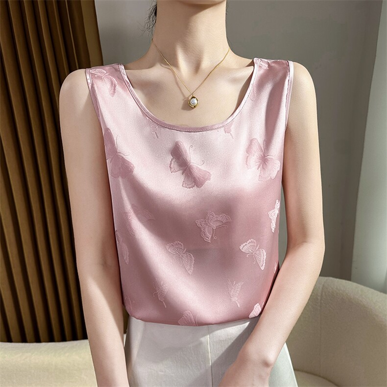 真丝吊带背心女西装内搭夏季桑蚕丝印花圆领缎面无袖外穿大码上衣,女装背心吊带,朝贺羊绒