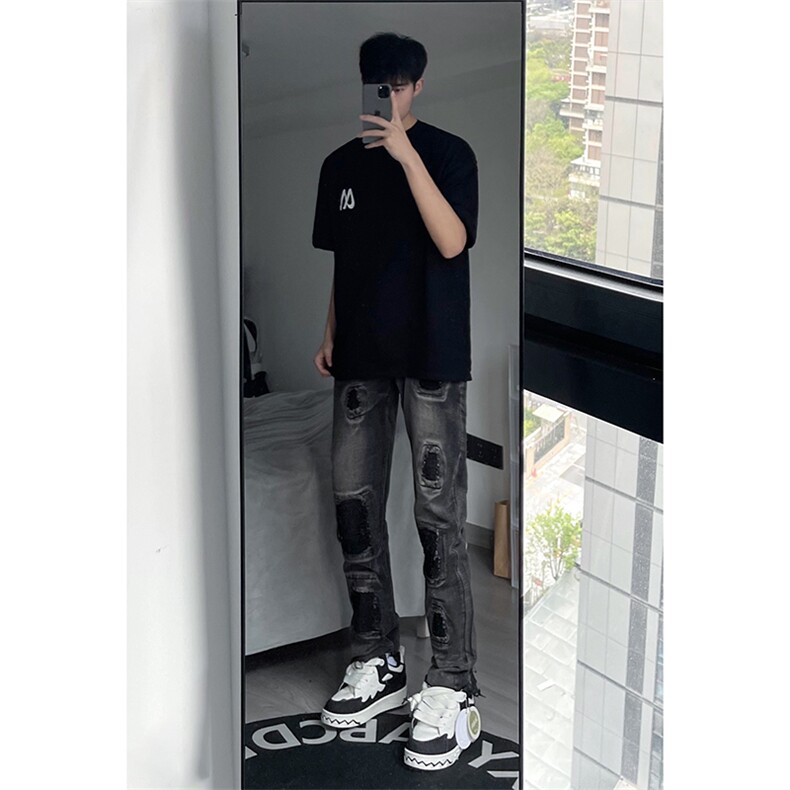 B221美式ins高街暗黑小众修身小脚破洞牛仔裤LK23055-P65控88,男装牛仔裤,电商B221