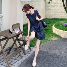 藏青色盐系一整套蕾丝花边牛仔套装女2025夏季新款背心短裤两件套，女装套装/套裙，2C159