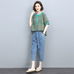 女士棉麻套装2025夏季新款中妈妈时尚休闲夏装显瘦亚麻t恤两件套图片