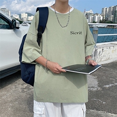 YT26098-P30亚麻短袖t恤男大码五分袖男宽松七分袖港风模特，男装T恤，电商A040