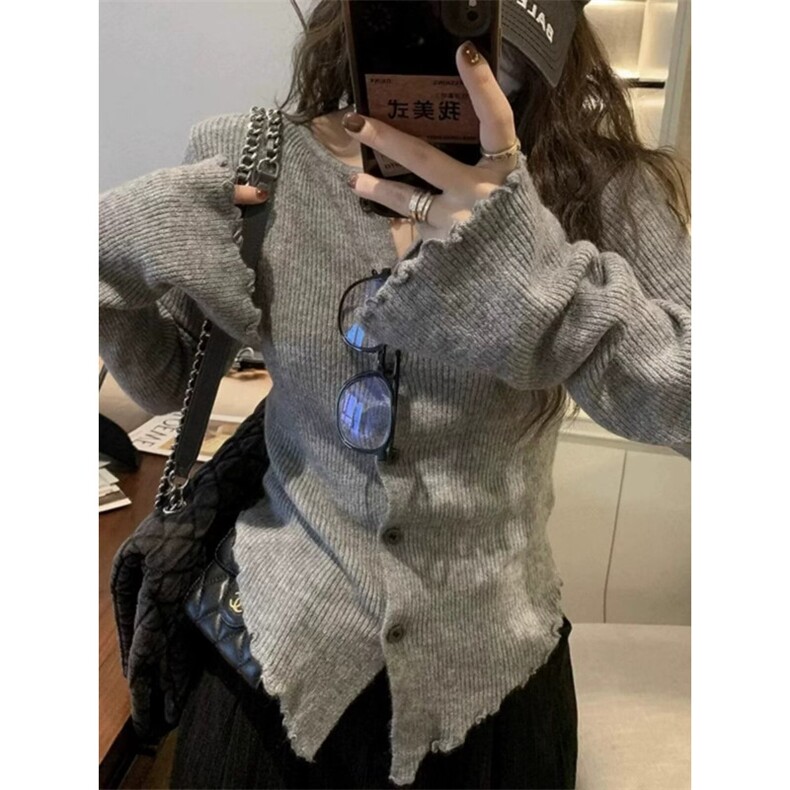 V领常规款开衫ins单件单排扣通勤灰色不规则针织打底衫女秋冬长袖,男装针织衫/毛衣,星座506A