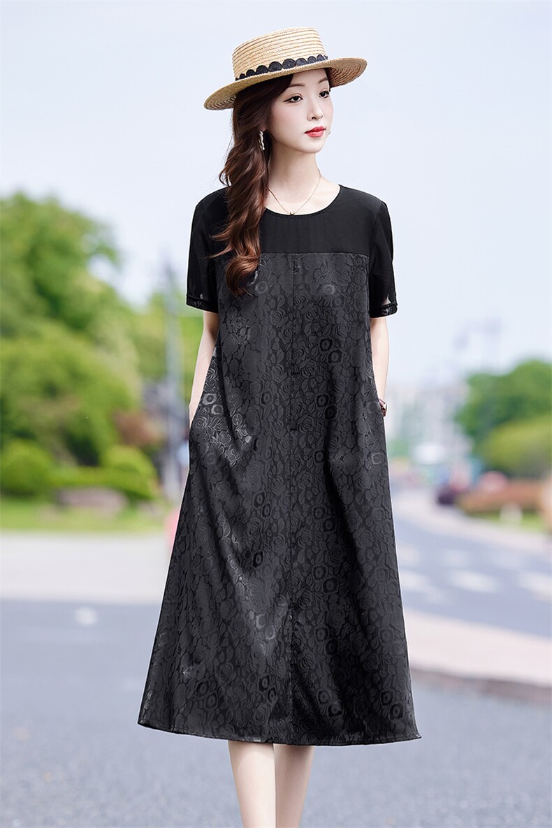 时尚休闲圆领T恤连衣裙女2025夏季中年妈妈宽松百搭印花拼接裙子,女装连衣裙,靓衣阁