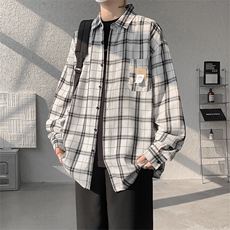 衬衫男春季新款港风磨毛宽松长袖格子衬衣CS521-P38，男装衬衫，星座214-3