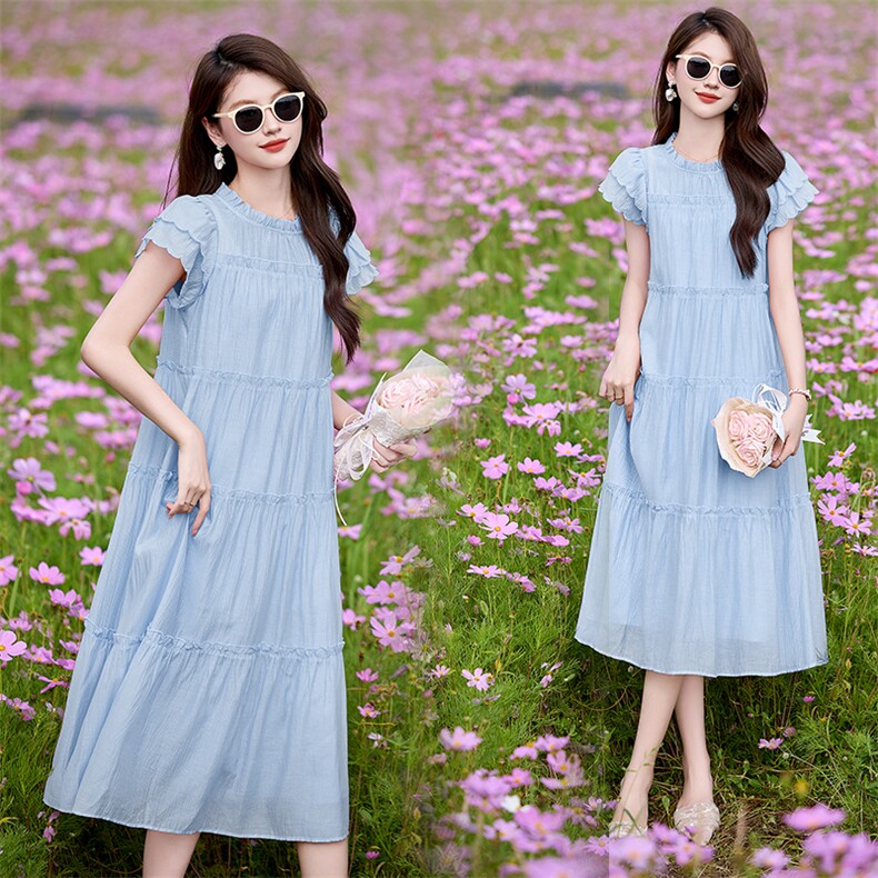 wynn256392法式木耳边飞飞袖连衣裙女甜美减龄中长裙2025夏连衣裙，女装连衣裙，丽美静依