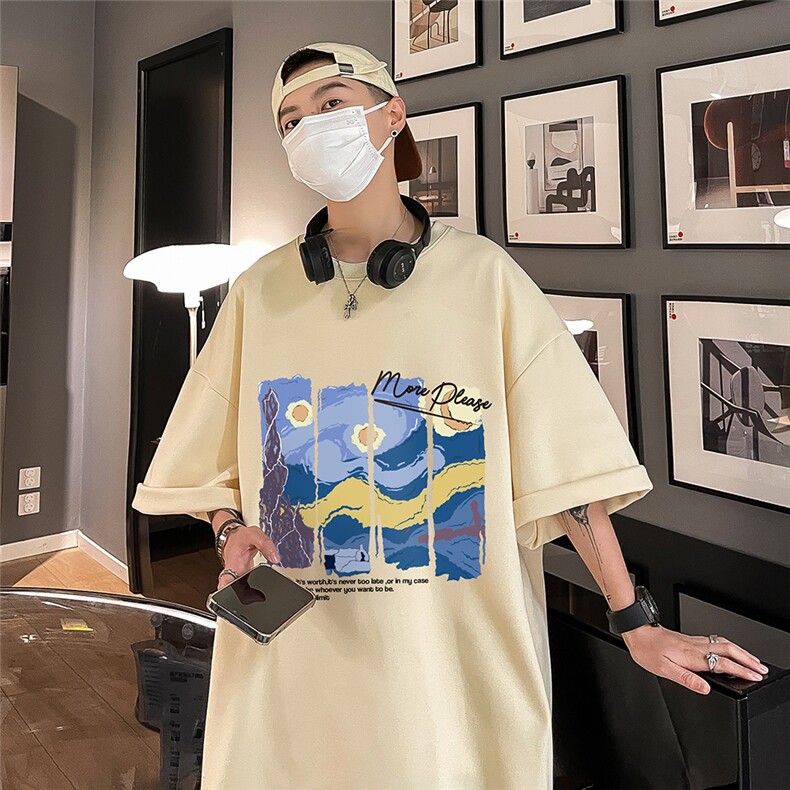 港风23夏季时尚百搭宽松印花圆领复古100棉短袖T恤T6095P25控38,男装T恤,电商A268A