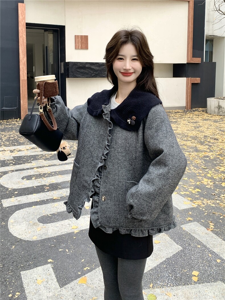 韩版学院风娃娃领毛呢白鸭绒外套女短款灰色气质减龄小个子羽绒服,女装羽绒服,艾米莉亚