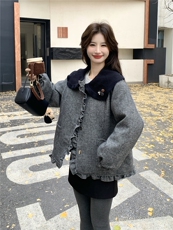 韩版学院风娃娃领毛呢白鸭绒外套女短款灰色气质减龄小个子羽绒服，女装羽绒服，艾米莉亚