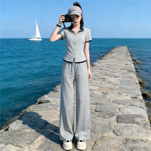女夏新款小个子时尚休闲套装欧货纯色短袖拼接上衣高腰长裤两件套图片