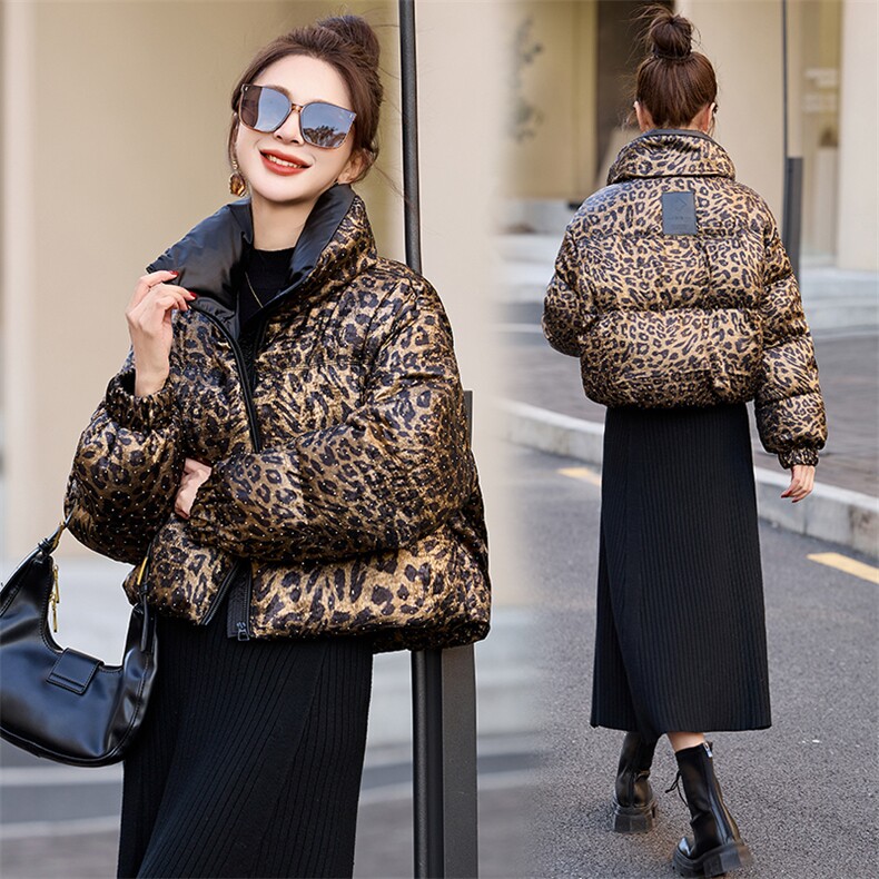 现货时尚豹纹短款羽绒服女2025冬季新款立领烫钻亮面白鸭绒外套,女装羽绒服,美沁