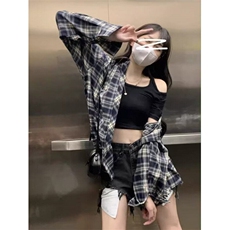 潮撞色格子衬衫男女款春秋季2025新款宽松休闲长袖百搭衬衣复古，男装衬衫，星座506A