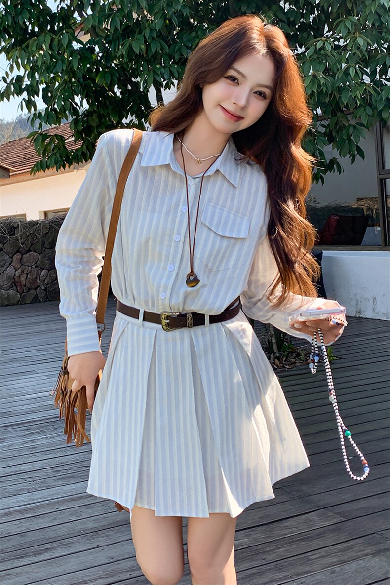 浅蓝色休闲条纹衬衫连衣裙女2025年夏季新款韩系设计感显瘦百褶裙,女装连衣裙,浙宝305