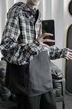 WY01-P95秋季套头卫衣男休闲宽松大码格子拼接连帽夹克外套，男装卫衣，电商B369（原A024）