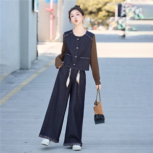 2025新韩版简约长袖衬衫马甲阔腿裤三件套女宽松显瘦休闲高级感潮图片