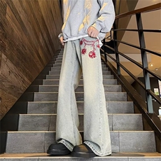 美式男女流星锤裤链刺绣情侣款牛仔裤男款宽松直筒微喇休闲裤TG50，男装休闲裤，星座506