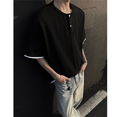 主推假两件亨利领老钱风短袖T恤半袖宽松体恤衫男H1065特P32，男装T恤，电商A341