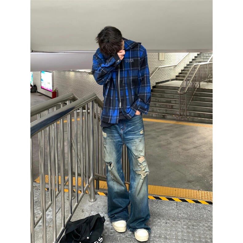 【有货】连帽格子衬衫男高级感痞帅美式拉链夹克外套C300CC-特P55,男装夹克,星座1007（原301D）