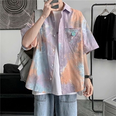 扎染短袖衬衫男潮牌宽松慵懒风半袖衬衣夏季百搭W1021-P30，男装衬衫，星座512-2