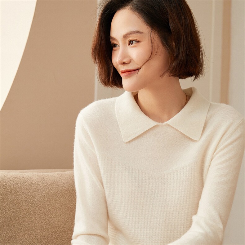 女士优雅百搭POLO领羊绒衫简约修身显瘦长袖针织衫,女装羊绒衫,澳冬特羊绒
