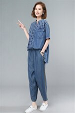 2021夏季新款简约时尚气质格子拼接水洗牛仔套装，女装套装/套裙，叶笙衣