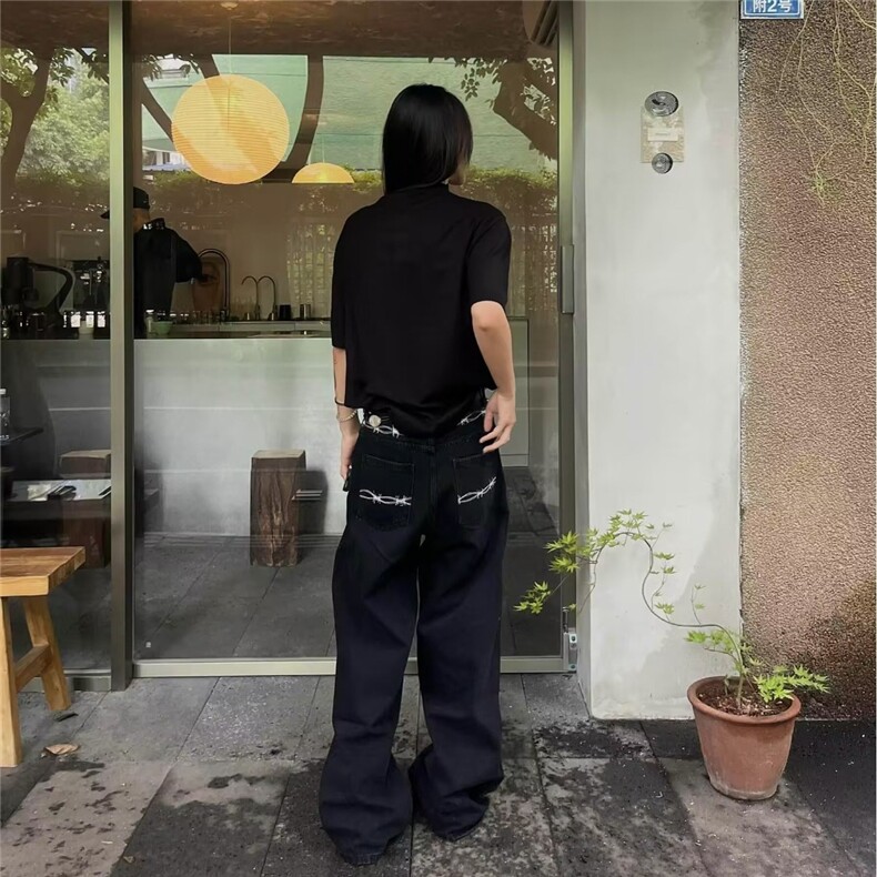 简约2026新款荆棘刺绣水洗ins风宽松直筒阔腿牛仔裤长裤男女款ins,男装牛仔裤,星座506A