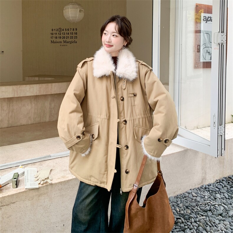 现货：冬季新款毛绒拼接休闲保暖中长款派克服2C135-8957P285K428,女装派克服,2C135
