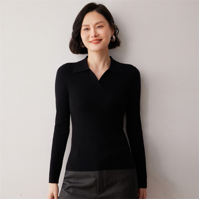 秋冬新款洋气时尚百搭显瘦女款POLO领35%山羊绒衫,女装羊绒衫,艾巧羊绒