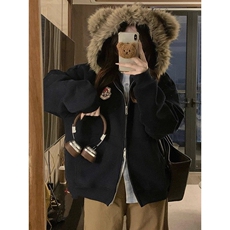 美式学院风小熊耳朵毛领夹克男女秋季潮牌百搭情侣棒球服宽松外套，男装夹克，星座218-8