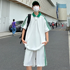 现货主推大码港风情侣休闲冰丝防晒polo日系运动套装男S19P65，男装休闲套装，电商B226