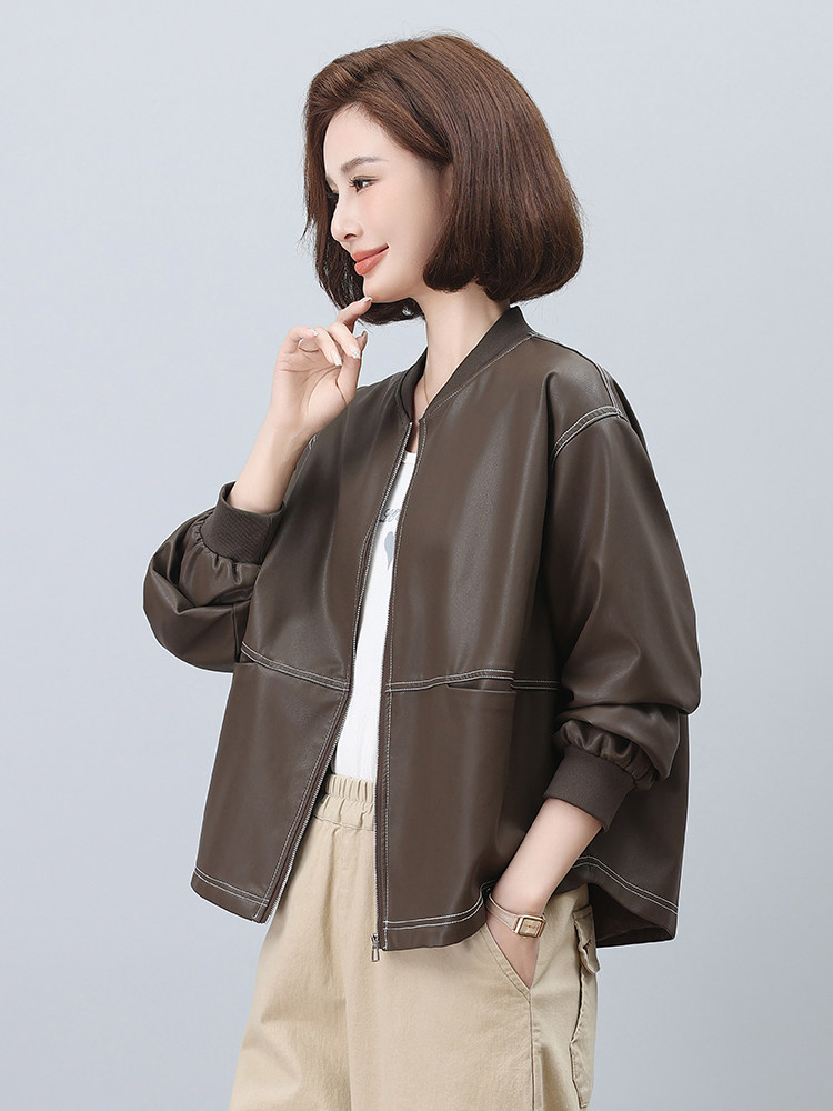 PU皮衣女短款2025年新款小个子中年妈妈时尚棒球服春秋季夹克上衣,女装皮衣,希欧阁