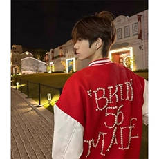 数字款珍珠红色棒球服撞色夹克外套JK0116-1-P105，男装夹克，星座313A(原308A-2)
