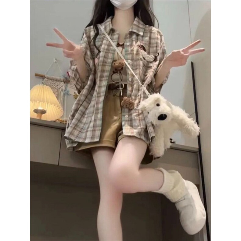 TC522-P45美式毛巾绣格子短袖衬衫夏季新款宽松休闲衬衣,女装衬衫,星座617A-2